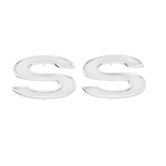 1969 Full-Size Chevrolet Front Fender Emblem, â€œSSâ€, White, Sold as a Pair