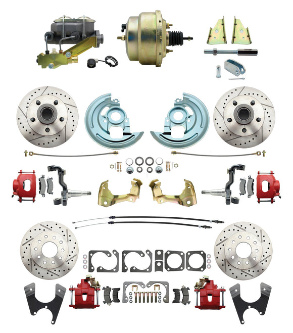 1967-1969 Camaro/ Firebird & 1968-1974 Chevy Nova Front & Rear Power Disc Brake Conversion Kit Drilled & Slotted & Powder Coated Red Calipers Rotors w/ 8