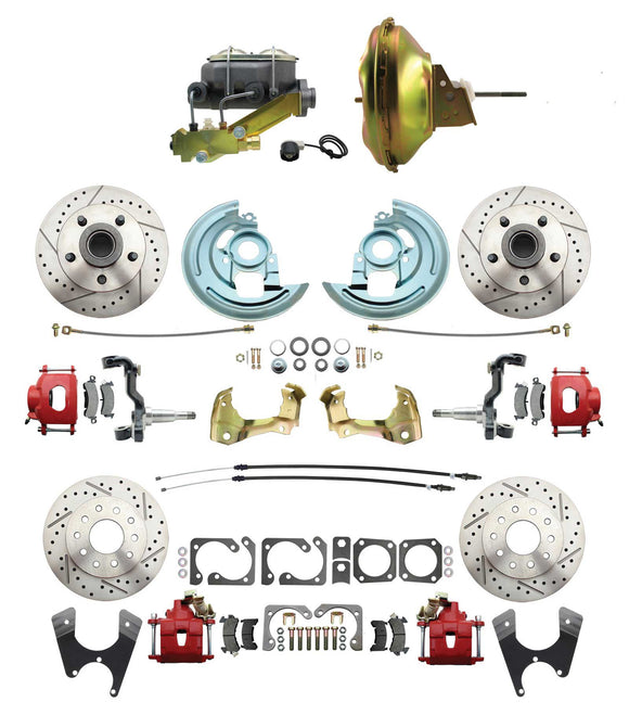1967-1969 Camaro/ Firebird & 1968-1974 Chevy Nova Front & Rear Power Disc Brake Conversion Kit Drilled & Slotted & Powder Coated Red Calipers Rotors w/ 11