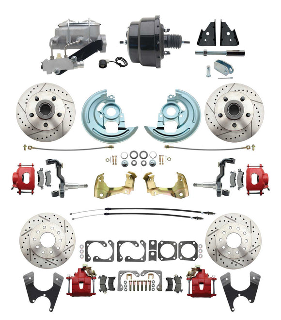 1967-1969 Camaro/ Firebird & 1968-1974 Chevy Nova Front & Rear Power Disc Brake Conversion Kit Drilled & Slotted & Powder Coated Red Calipers Rotors w/ 8