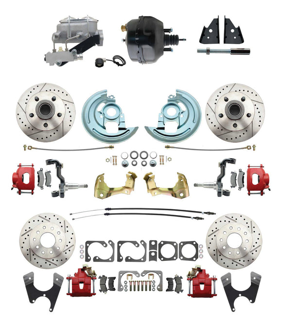 1967-1969 Camaro/ Firebird & 1968-1974 Chevy Nova Front & Rear Power Disc Brake Conversion Kit Drilled & Slotted & Powder Coated Red Calipers Rotors 9
