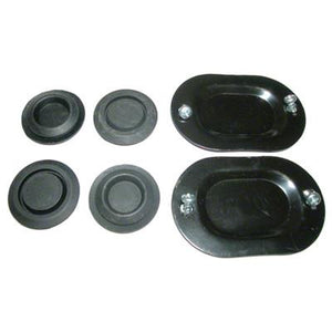 GMK302051264S 10-PIECE FLOOR DRAIN PLUG SET- CONSISTS OF 2-OVAL PLATES- 4-RUBBER PLUGS- AND 4 SCREWS. 2 SETS REQUIRED PER CAR.